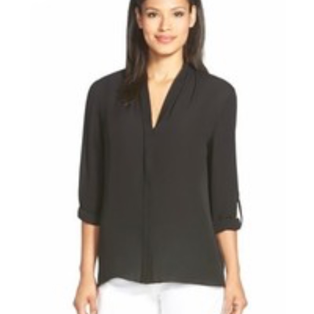 Tahari Black Taylor Roll-Sleeve Blouse Size Large Career Classic Minimalist